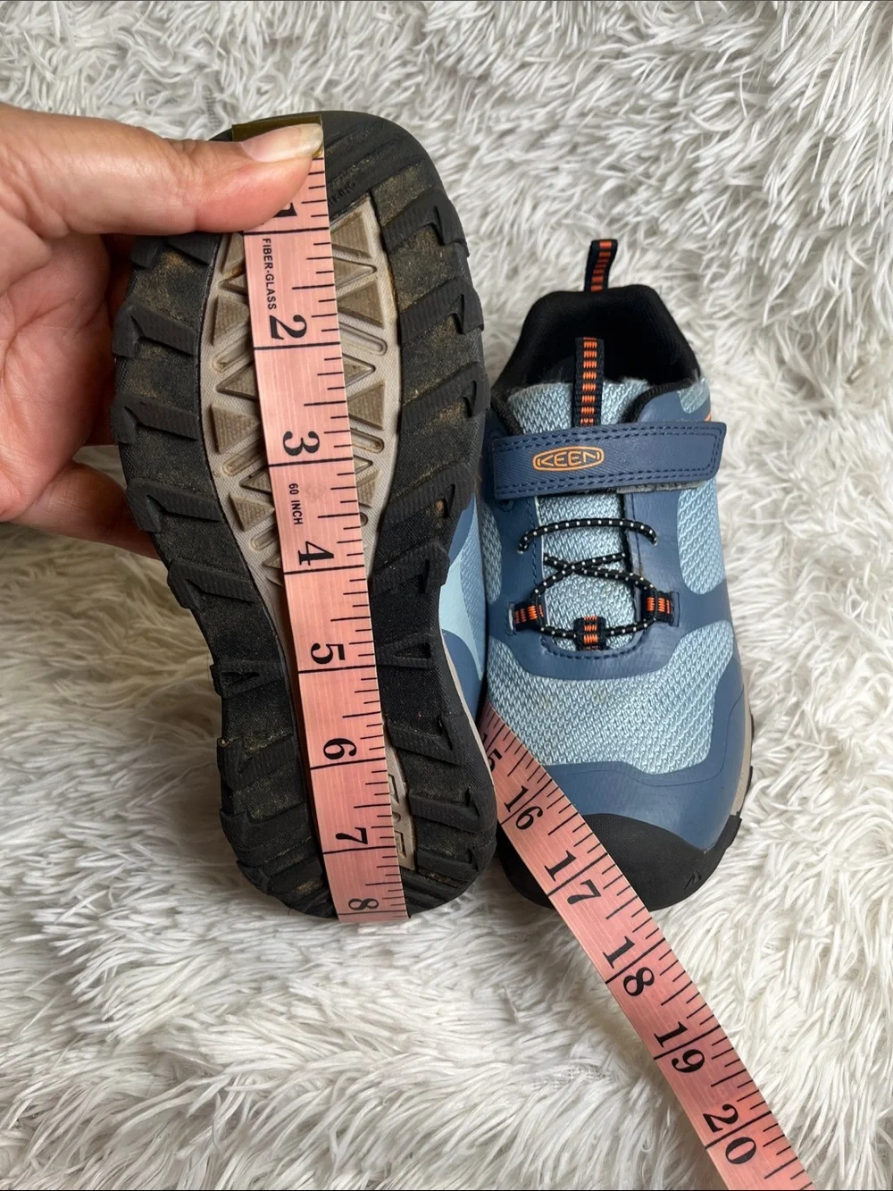 Keen Kids Light Blue and Navy Velcro Sneaker with Orange Accents